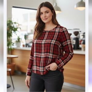 LOFT Red Plaid Long Sleeve Blouse Large